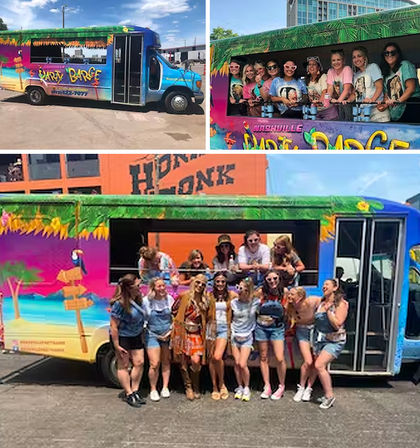 Colorful tropical-themed party bus in Nashville with a laughing group of friends posing inside open windows and along the side in casual summer outfits — outdoor parking lot, bright festival vibe.