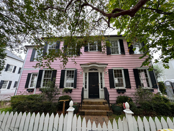 Two-story pink colonial-style house with black shutters and a black front door behind a white picket fence, framed by leafy tree branches on an overcast day.
