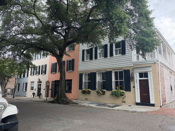 Charming historic rowhouses with black shutters and window flower boxes, peach and white facades, and a large oak shading a quiet corner street