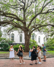 Tour group gathered under a sprawling live oak on a brick street in front of a historic white townhouse with arched windows — outdoor guided walking tour in a Southern city