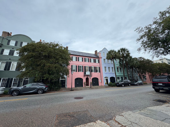 Street-level view of pastel-painted historic row houses (pink, lavender, green) with shuttered windows, palm trees and parked cars on a tree-lined street under a cloudy sky