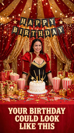 Smiling host at a circus-themed birthday party standing behind a white cake with candles, surrounded by red-and-gold drapery, a 'HAPPY BIRTHDAY' banner, popcorn tubs, gift boxes and confetti