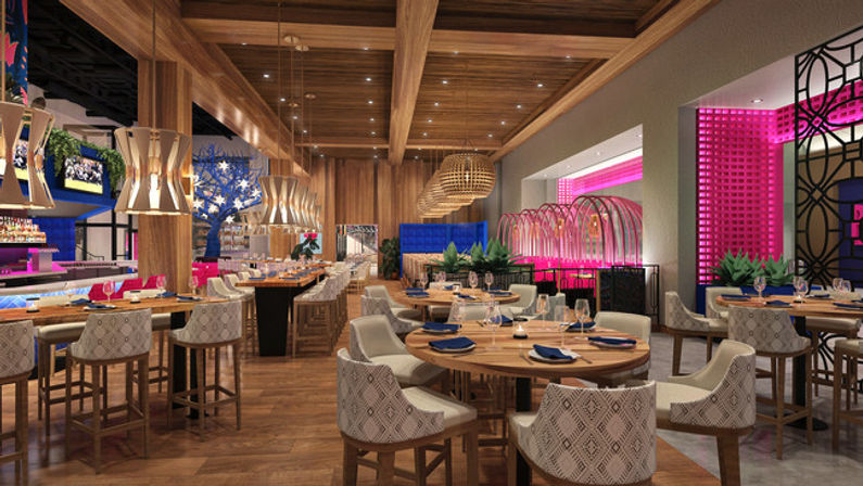 Upscale modern restaurant interior with wooden beams and floor, pendant-lit bar, round dining tables with patterned chairs, blue banquette seating and vibrant pink neon-lit lounge area.