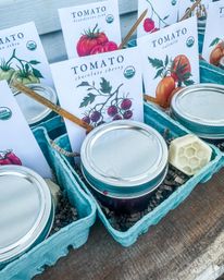 Close-up of illustrated tomato seed packets and sealed mason jars tucked into teal berry cartons — garden gift kits with wooden markers and a hexagonal beeswax piece.