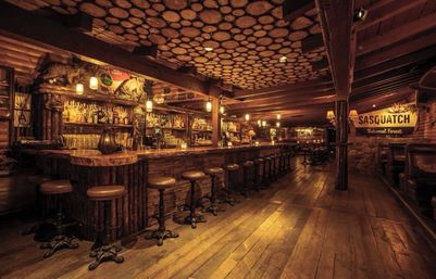 Cozy rustic log-cabin bar interior with a long wooden counter, row of vintage bar stools, shelves of liquor bottles, wood-slab ceiling and warm amber lighting.