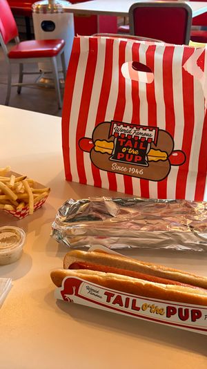 Hot dog and fries on a retro diner table — hot dog in a paper tray, foil-wrapped sandwich, checkered fry basket, red-and-white striped takeout bag and dipping sauces.