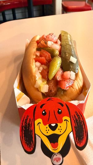 Chicago-style hot dog in a paper tray topped with pickle spear, chopped tomatoes, sport peppers, diced onions and mustard, with a smiling cartoon dog logo