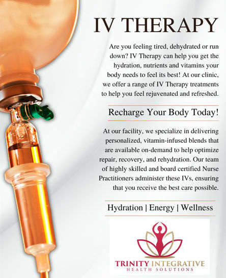 Promotional health clinic flyer featuring a close-up orange IV drip beside the headline 'IV Therapy', advertising vitamin-infused hydration treatments for energy, recovery and wellness with the call-to-action 'Recharge Your Body Today!'