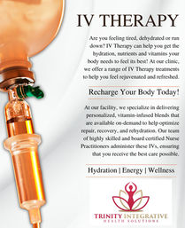 Promotional health clinic flyer featuring a close-up orange IV drip beside the headline 'IV Therapy', advertising vitamin-infused hydration treatments for energy, recovery and wellness with the call-to-action 'Recharge Your Body Today!'
