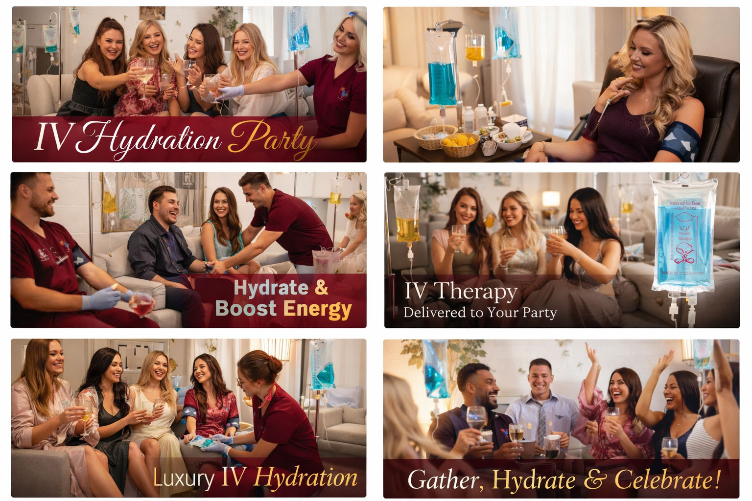 Collage of cheerful friends at an at‑home IV hydration party — groups toasting drinks while clinicians administer IV drips, with snacks and therapy bags visible.