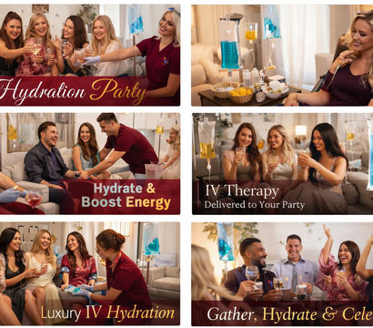 Collage of cheerful friends at an at‑home IV hydration party — groups toasting drinks while clinicians administer IV drips, with snacks and therapy bags visible.