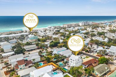 Aerial view of Destin, Florida Gulf Coast neighborhood with turquoise water, sandy beach, rows of coastal homes and pools, and map-style pin markers showing beach access and a rental property.