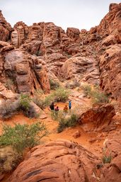 Adventurous hikers exploring a winding red sandstone canyon surrounded by towering orange-brown rock formations, desert shrubs, and a sandy trail under an overcast sky