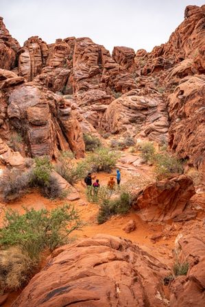 Adventurous hikers exploring a winding red sandstone canyon surrounded by towering orange-brown rock formations, desert shrubs, and a sandy trail under an overcast sky