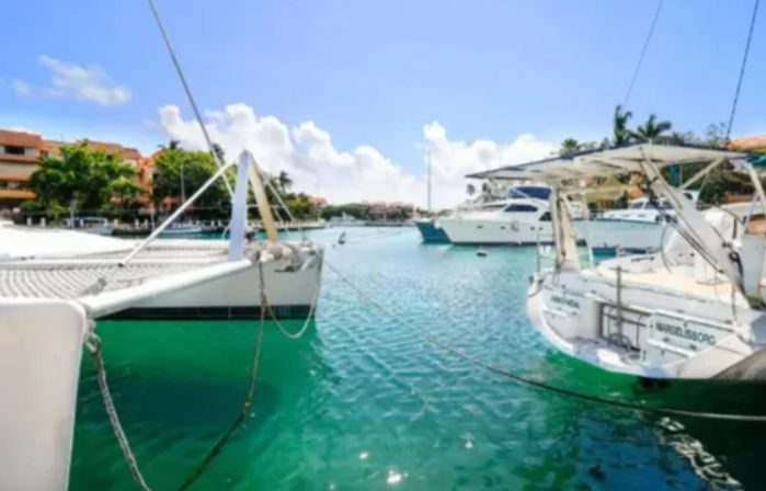 Sunlit tropical marina with turquoise water and anchored white catamarans and yachts by palm‑lined waterfront condos