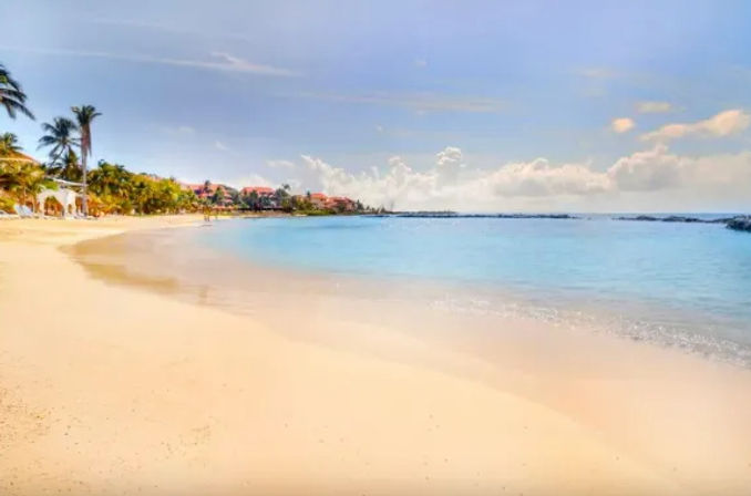 Tropical sandy beach with palm trees, turquoise calm water and resort buildings along the shoreline under a sunny blue sky