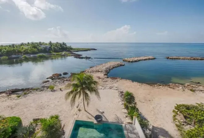 Tropical beachfront view with private pool and lone palm tree on sandy shore, curved rock jetty stretching into calm turquoise ocean under a clear blue sky
