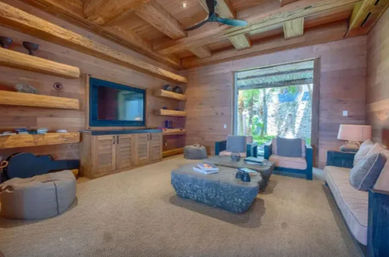 Cozy rustic wood-paneled tropical cottage living room with built-in shelves and TV, stone coffee table, cushioned sofa and chairs, ceiling fan, and sliding door to a palm-lined garden.