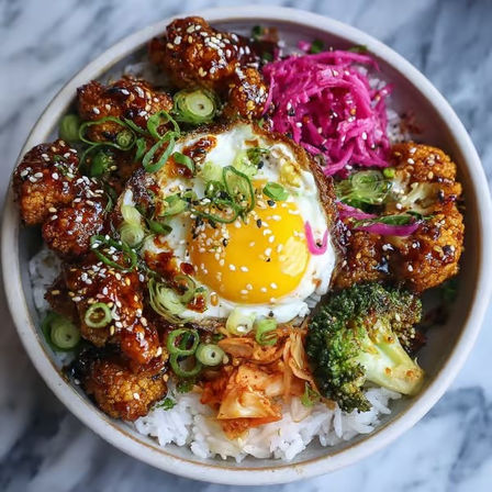 Korean-inspired rice bowl with fluffy white rice, a sunny-side-up egg, sticky glazed roasted cauliflower, charred broccoli, kimchi and pickled purple cabbage, garnished with sliced scallions and sesame seeds.