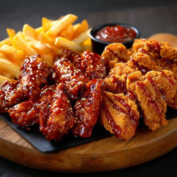 Close-up of sticky sesame-glazed chicken wings and golden crispy breaded wings served with fries and a small dipping sauce on a wooden board.