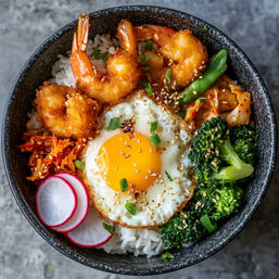 Asian-style shrimp rice bowl with crispy panko shrimp, sunny-side egg over white rice, steamed broccoli, radish slices, kimchi and sesame seeds