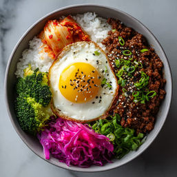 Colorful Korean-style rice bowl with steamed white rice, a sunny-side-up egg topped with sesame seeds, spicy minced beef, kimchi, steamed broccoli, pickled purple cabbage, and sliced green onions.