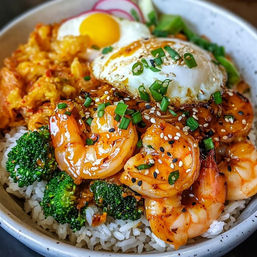 Korean-inspired shrimp rice bowl with glazed chili-garlic shrimp, steamed broccoli, kimchi, and a runny fried egg, topped with sesame seeds and chopped scallions.