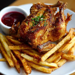 Crispy golden roasted chicken on a bed of hand-cut French fries with a ramekin of ketchup and parsley garnish on a white plate