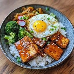 Asian-inspired tofu rice bowl with glossy teriyaki-glazed tofu cubes sprinkled with sesame seeds, steamed broccoli, pickled radish slices, scallions, and a sunny-side-up egg over white rice in a ceramic bowl