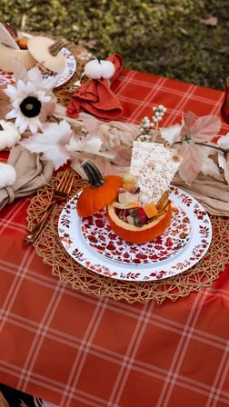 Outdoor fall picnic scene with a red plaid tablecloth, woven placemat and patterned plates topped by a hollowed mini pumpkin charcuterie bowl filled with cheese, crackers, cured meats and autumn florals.