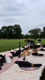 Outdoor picnic tablescape on a green park lawn under an overcast sky, pink lace runner with blush roses and dark foliage, black tapered candles and napkins with gold rings, skull vase accents and a charcuterie spread with crackers and fruit.