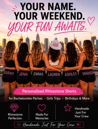Rooftop sunset bachelorette scene: six women with arms around each other facing a city skyline, wearing matching black personalized rhinestone shorts and a 'bride' hat, raising champagne — perfect for bachelorette parties and girls' trips.