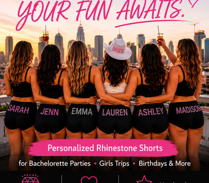 Rooftop sunset bachelorette scene: six women with arms around each other facing a city skyline, wearing matching black personalized rhinestone shorts and a 'bride' hat, raising champagne — perfect for bachelorette parties and girls' trips.