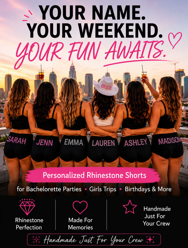 Rooftop sunset bachelorette scene: six women with arms around each other facing a city skyline, wearing matching black personalized rhinestone shorts and a 'bride' hat, raising champagne — perfect for bachelorette parties and girls' trips.