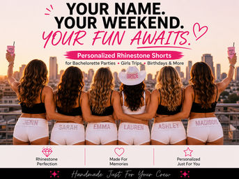 Six friends on a rooftop at sunset with a city skyline, wearing matching black tops, a bride hat and personalized rhinestone-name white shorts — bachelorette/girls-trip attire.