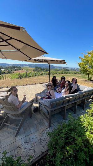 Group of friends sipping wine on a shaded patio overlooking vineyard rows, rolling hills and a bright blue sky