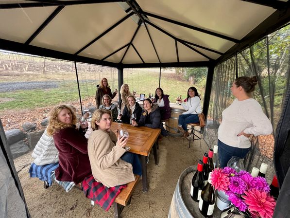 Cheerful group enjoying an outdoor wine tasting in a covered vineyard gazebo, seated at a wooden table with wine glasses and bottles on a barrel, autumn vines visible outside.