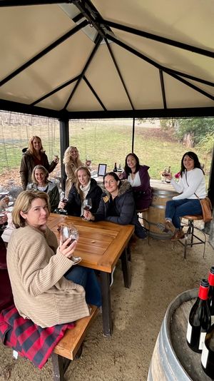 Cheerful group enjoying an outdoor wine tasting in a covered vineyard gazebo, seated at a wooden table with wine glasses and bottles on a barrel, autumn vines visible outside.