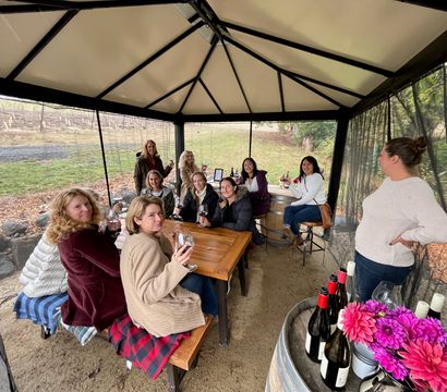 Cheerful group enjoying an outdoor wine tasting in a covered vineyard gazebo, seated at a wooden table with wine glasses and bottles on a barrel, autumn vines visible outside.