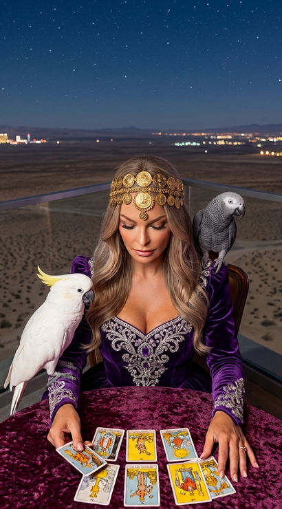 Fortune-teller in a purple velvet gown and gold coin headpiece laying out tarot cards on a velvet table on a rooftop balcony at night, with a white cockatoo on one arm and an African grey on her shoulder, desert below and distant city lights under a starry sky.