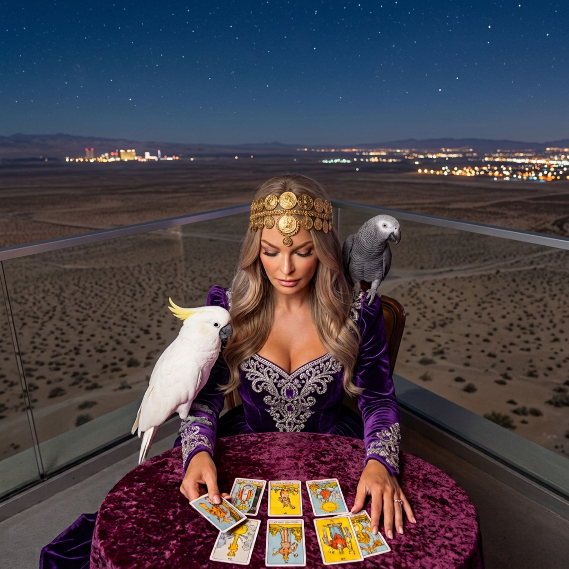 Fortune-teller in a purple velvet gown and gold coin headpiece laying out tarot cards on a velvet table on a rooftop balcony at night, with a white cockatoo on one arm and an African grey on her shoulder, desert below and distant city lights under a starry sky.