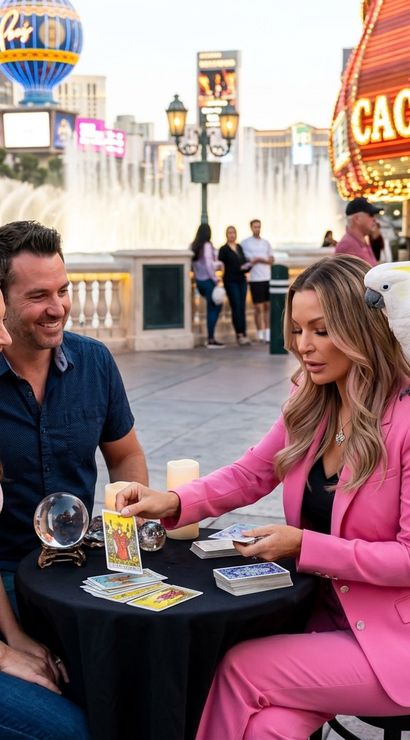 Tarot reader in a pink suit with a white cockatoo on her shoulder dealing tarot cards and a crystal ball for a smiling couple at a small table on the Las Vegas Strip by a fountain and neon casino lights