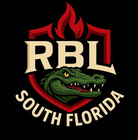 Bold sports-style emblem with cream block initials "RBL" above a snarling green alligator head inside a red shield topped with a stylized red flame, with curved "South Florida" text below.