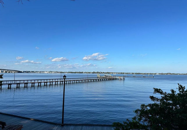 Serene waterfront with a long wooden pier and lamp post stretching across a calm blue bay toward a distant shoreline and bridge under a clear blue sky, with boardwalk and greenery in the foreground.