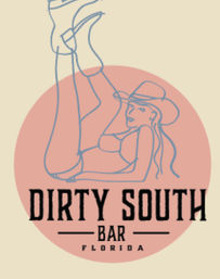 Pink circular logo with playful blue line-art of a pinup cowgirl in a cowboy hat and raised boots, used as branding for a Florida bar