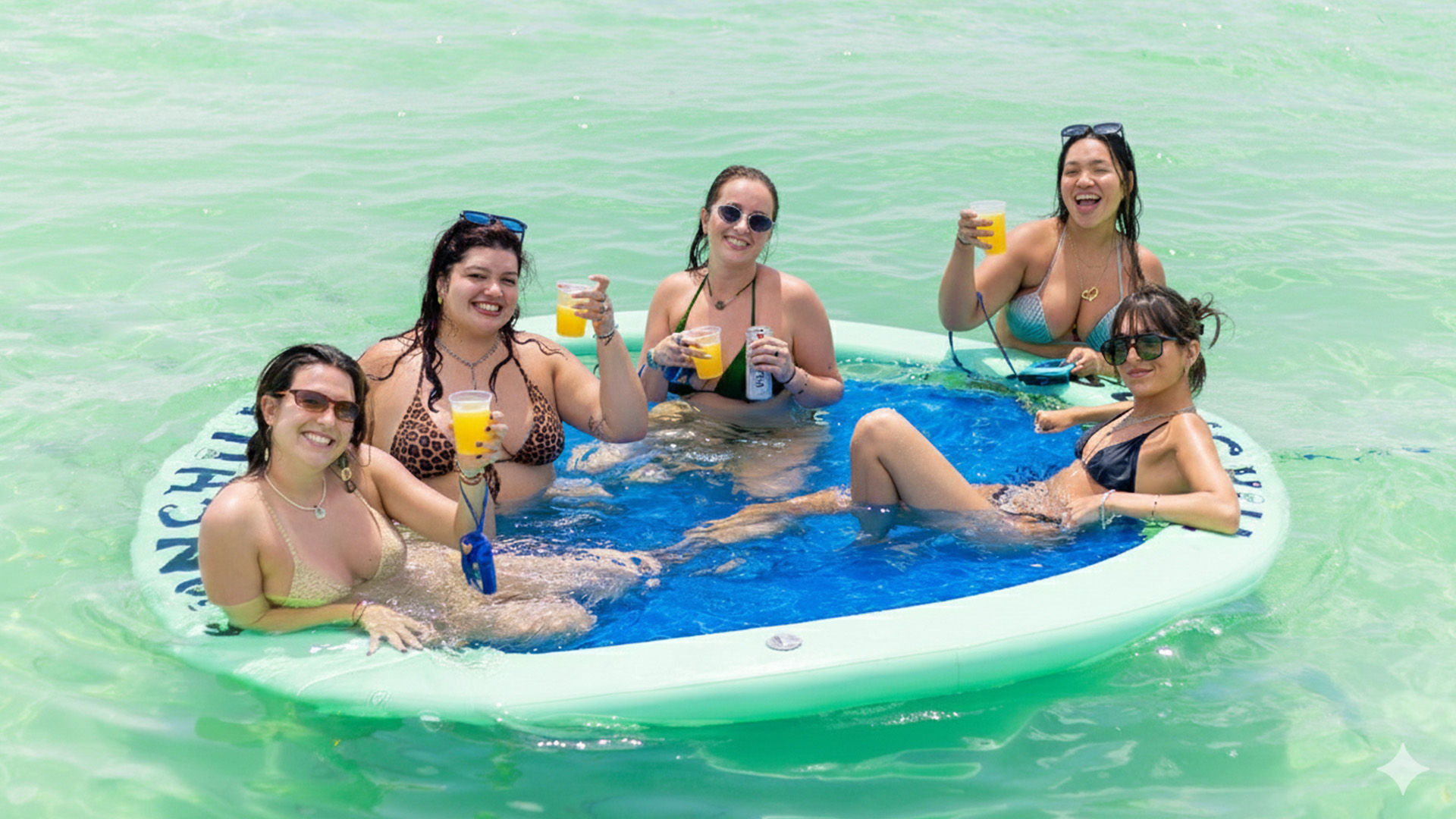 Five women in bikinis relaxing on a round inflatable float in clear turquoise water, holding yellow drinks and smiling during a sunny summer beach day.