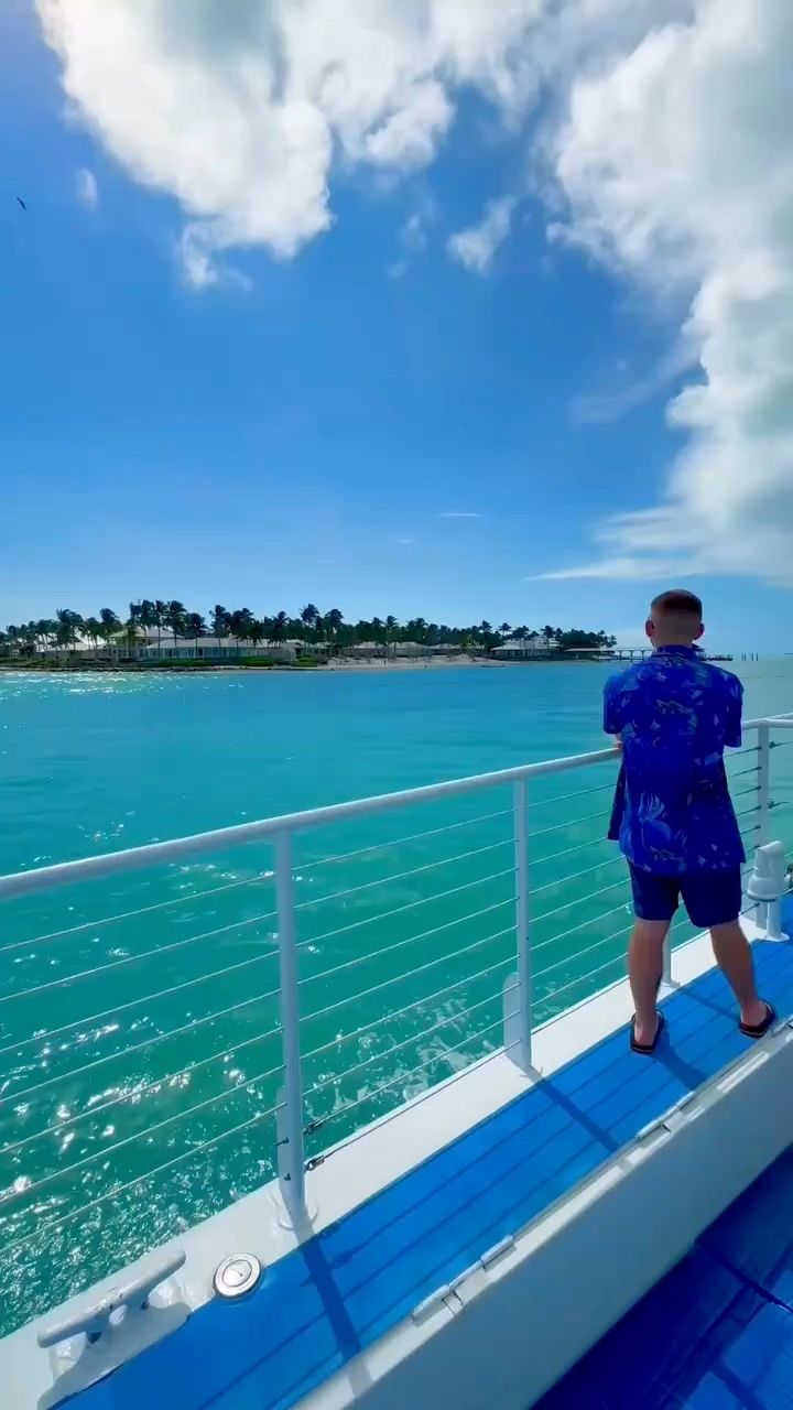 Person standing on a boat deck looking toward a palm‑fringed tropical shoreline across turquoise water under a sunny blue sky with fluffy clouds