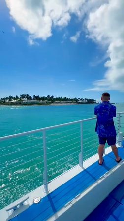Person standing on a boat deck looking toward a palm‑fringed tropical shoreline across turquoise water under a sunny blue sky with fluffy clouds