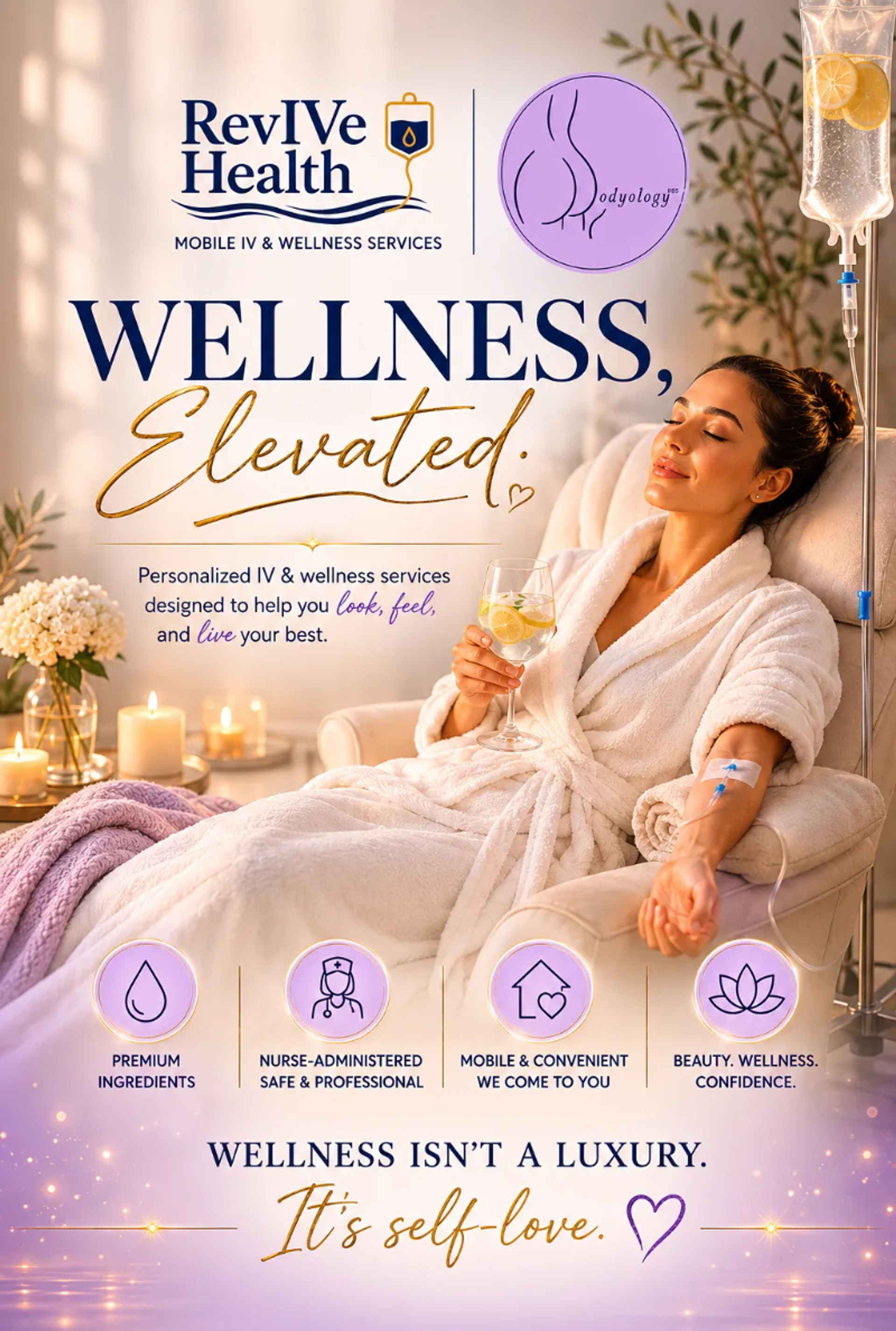 Relaxed woman in a plush robe receiving a mobile IV infusion while lounging with lemon water in a spa-like home setting, candles and plants nearby — promotional image for personalized mobile IV therapy and wellness services.