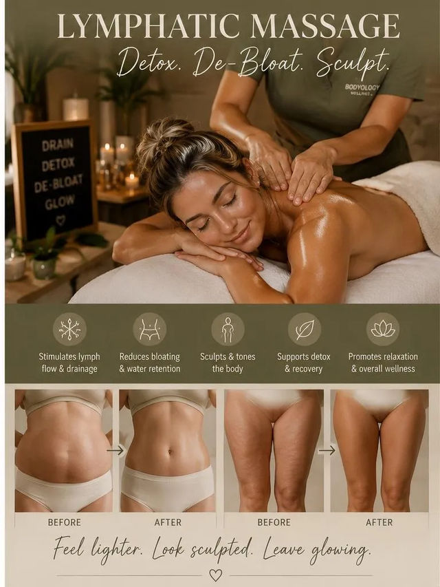 Relaxed woman receiving a lymphatic massage on a spa table with candles and plants; promotional layout includes benefit icons and before-and-after abdomen and thigh photos with text 'Lymphatic Massage: Detox, De-Bloat, Sculpt'.
